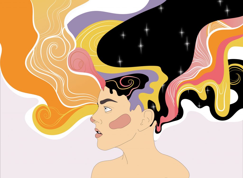 Oma Väylä -kuntoutuksen asiakkaan kuvaus adhd:sta. Hahmon pään ympärillä leijuu hiusten lailla erilaisia värejä ja myrskyävä avaruus.